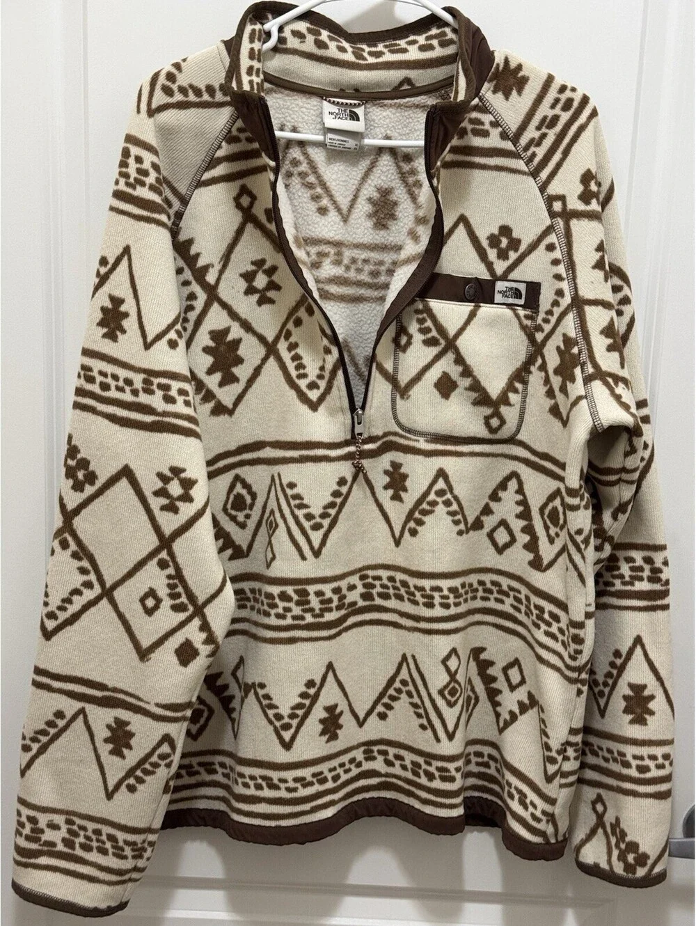 The North Face Men’s XL Fleece 1/4 Zip Pullover Cream Brown Geometric Aztec Prin